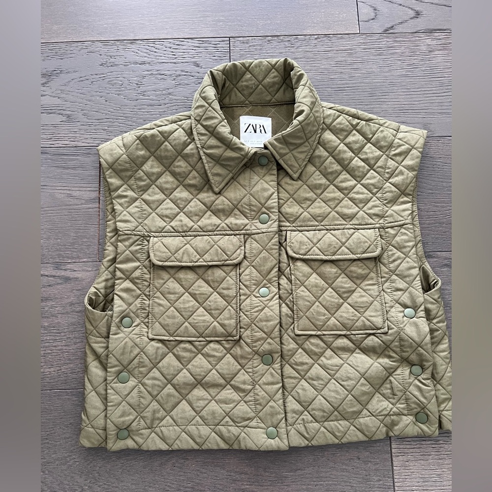 WOMENS  ZARA QUILTED GREEN ARMY VEST JACKET SZ SMALL - Picture 4 of 10